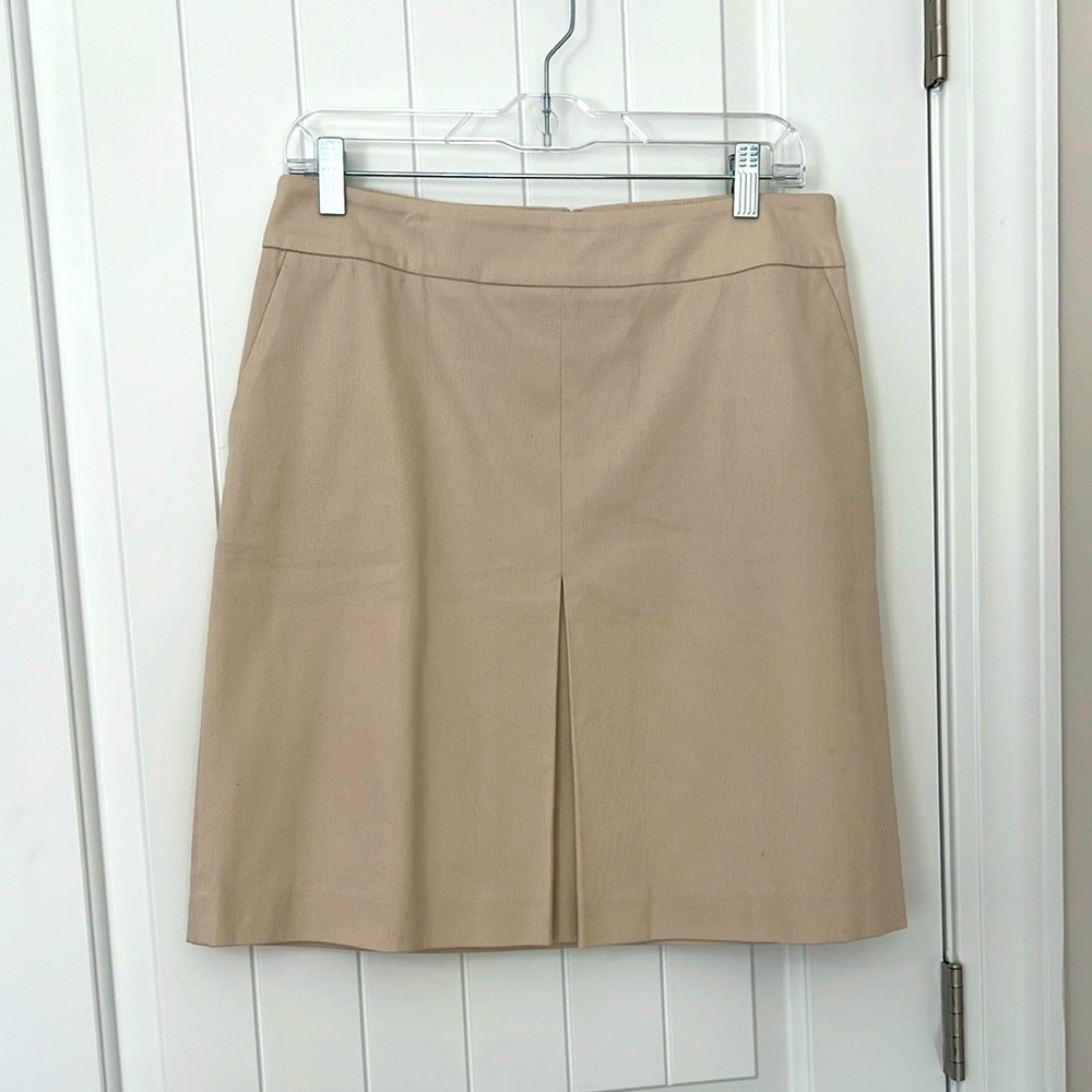 Talbots, Sz 10P, tan, beige, skirt kick pleat, zipper, pockets, office siren